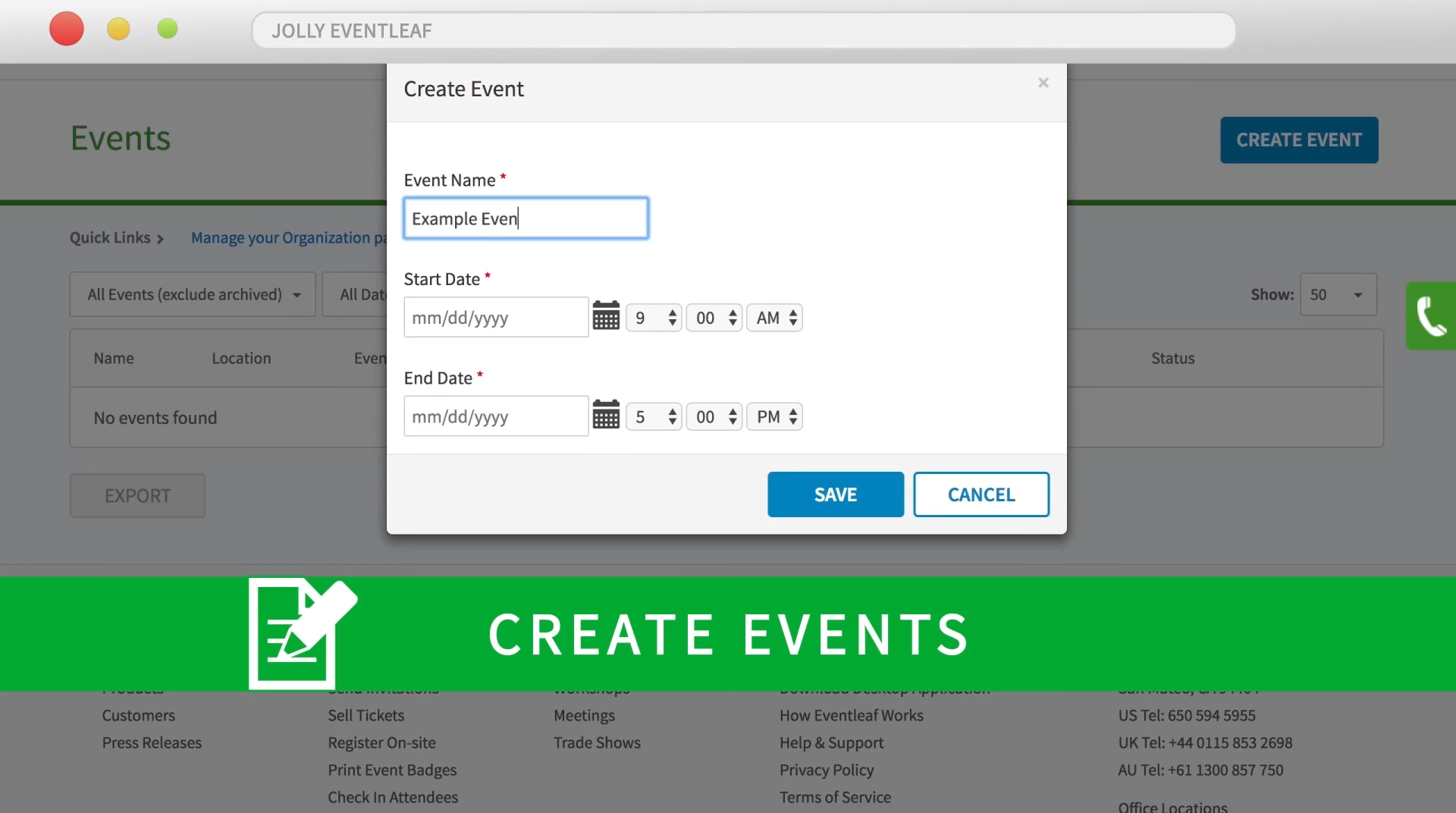 Creación de eventos en Eventleaf.