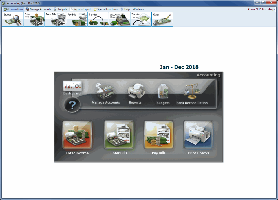 Una captura de pantalla de la pantalla de inicio de contabilidad de Church Windows