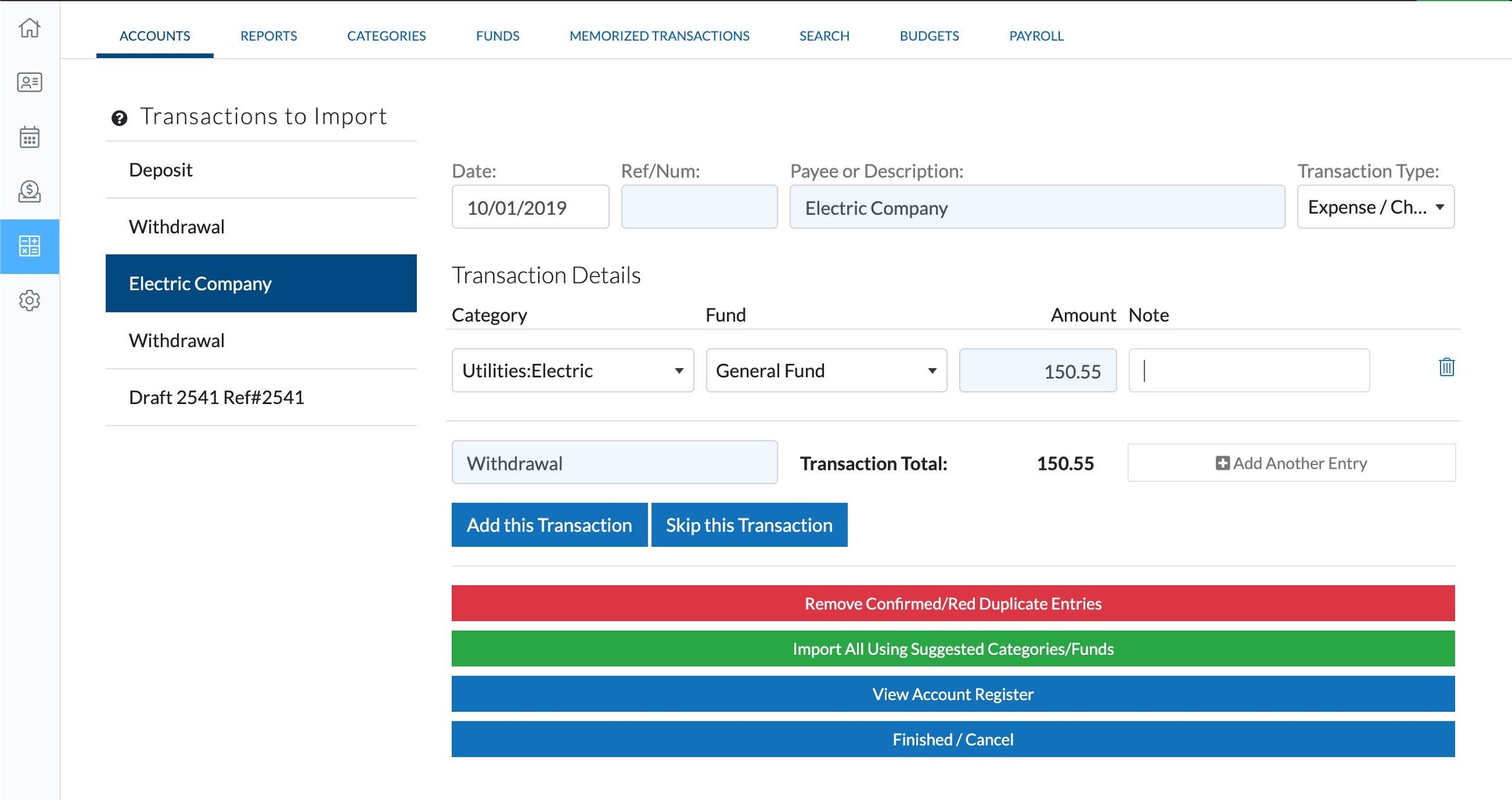 Una captura de pantalla de la pantalla de importación de transacciones en la contabilidad de ChurchTrac