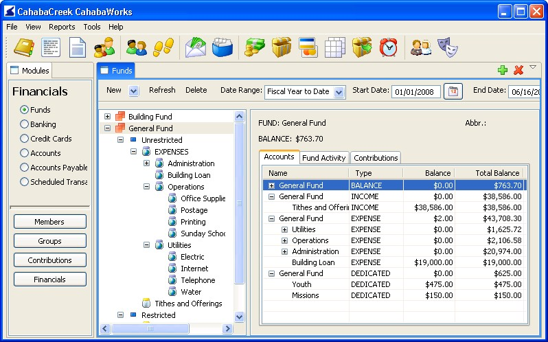 Una captura de pantalla de la pantalla de resumen de contabilidad de fondos en CahabaWorks