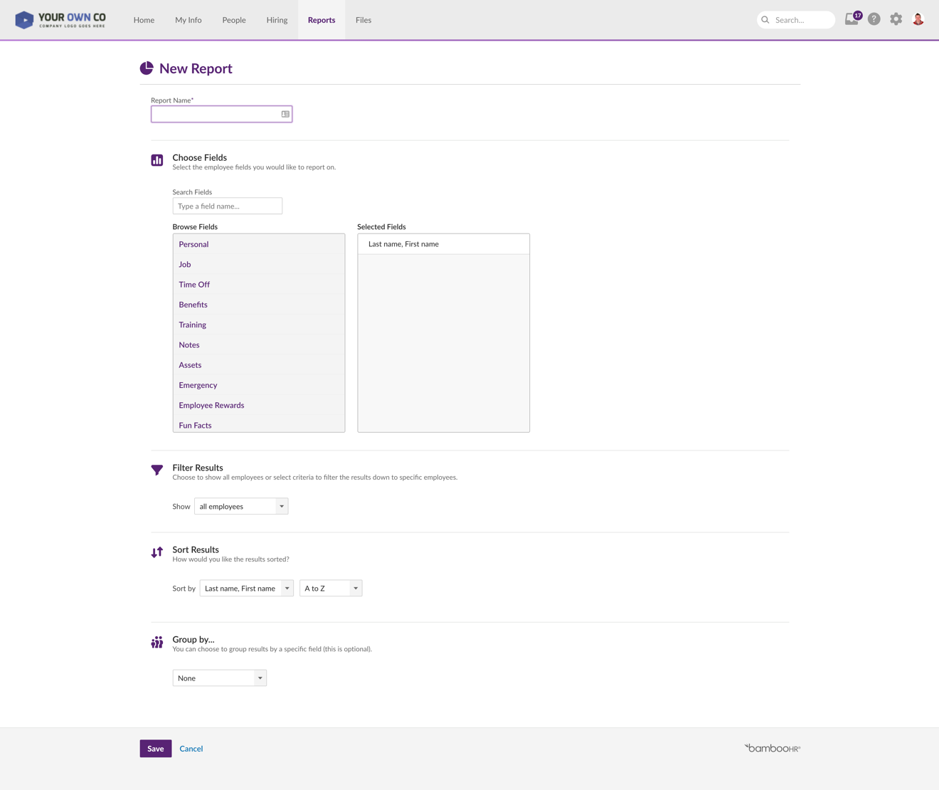 Crearea unui raport personalizat cu BambooHR