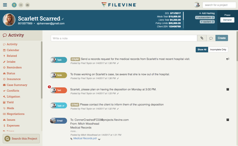 Tieni traccia di tutte le informazioni relative a un caso o questione, inclusi documenti, attività e note in Filevine.