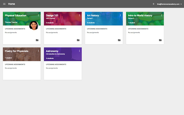 Google Classroom'daki ana ekranın ekran görüntüsü.
