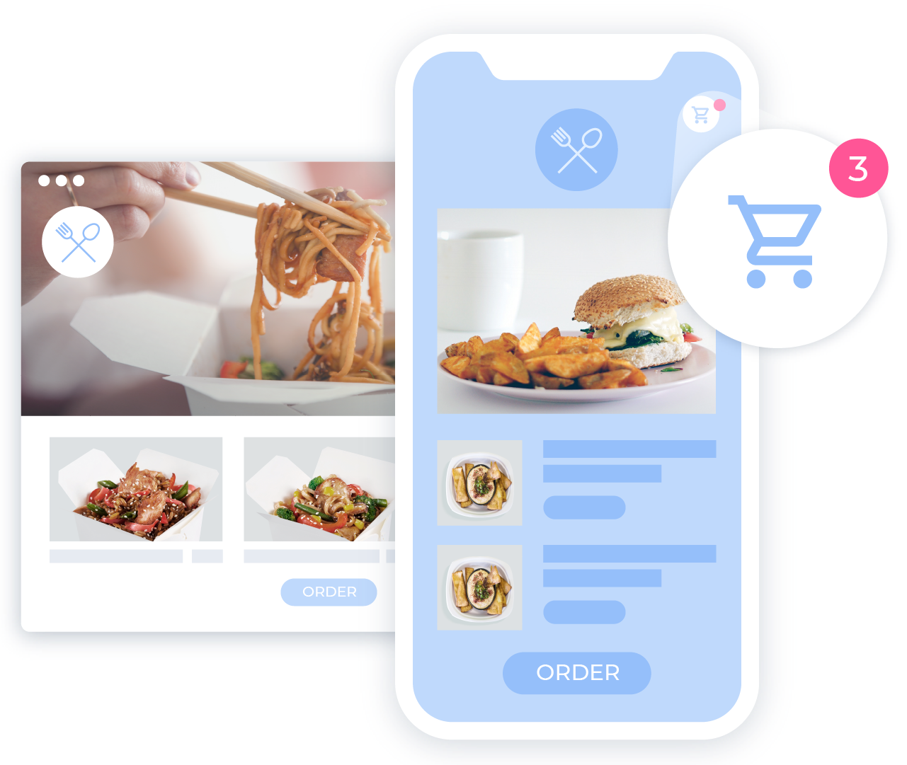 Flipdish aracılığıyla oluşturulan web sitesi ve uygulamanın maketi.