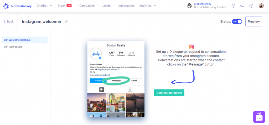 Messaggi automatici di Instagram: messaggio di benvenuto