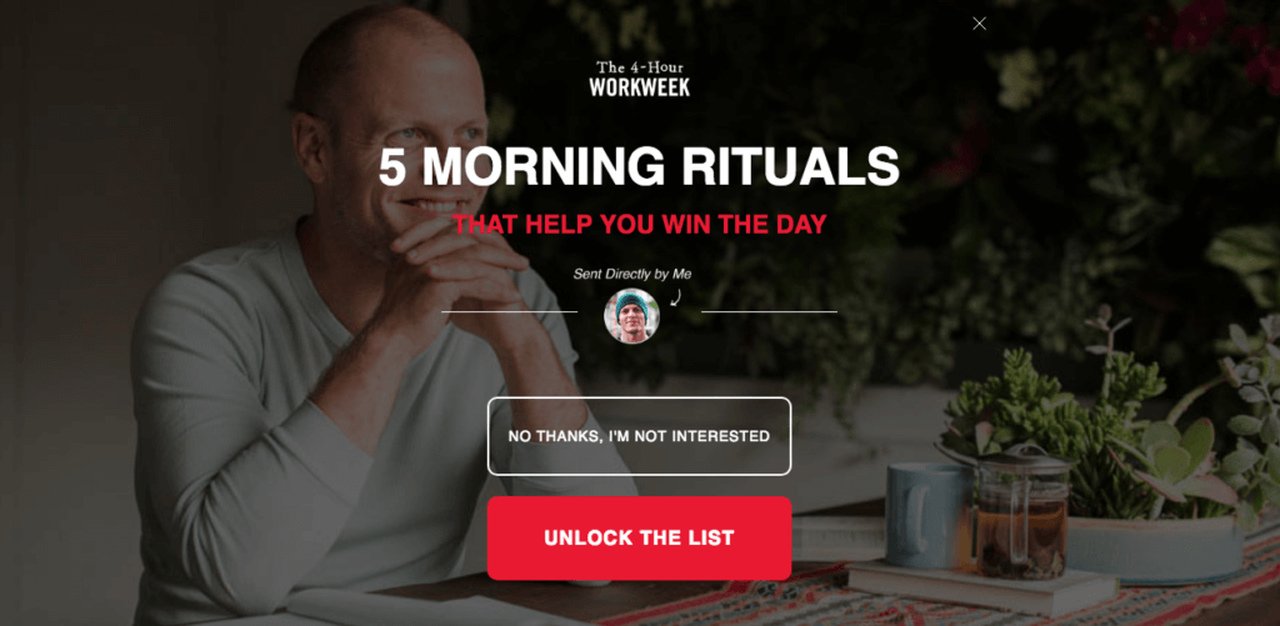 exemple de popup d'intention de sortie de tim ferris