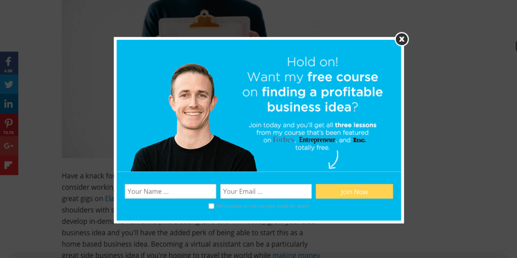 exemple de pop-up d'intention de sortie de ryan robinson