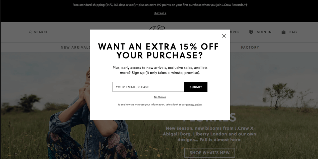 jcrew email s'abonner popup promotionnel popup d'intention de sortie