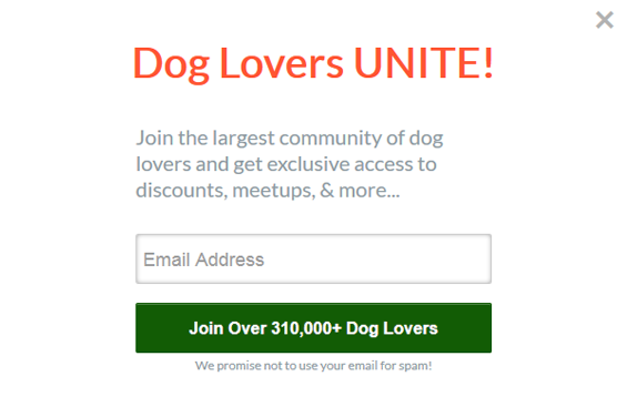 exemple de popup d'intention de sortie pour les amoureux des chiens
