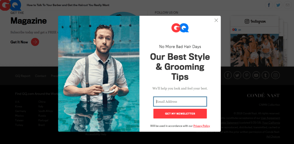 Exemple de fenêtre contextuelle d'intention de sortie GQ pour s'abonner à une newsletter spécifique segmentant les visiteurs