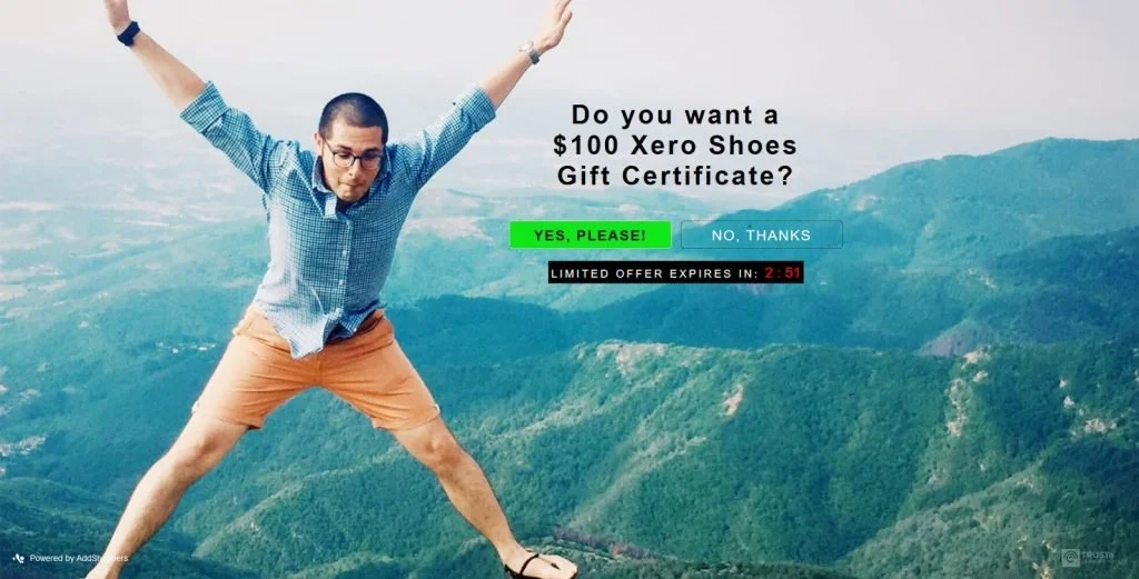 xero shoes pop-up d'intention de sortie avec un sentiment d'urgence