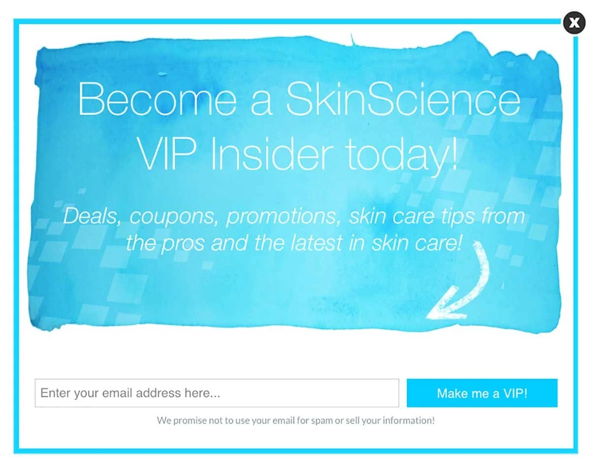 skin science exit-intent popup valeur dans leur offre