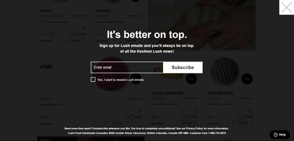 Exemple de pop-up d'e-mail d'intention de sortie de Lush.com pop-up plein écran