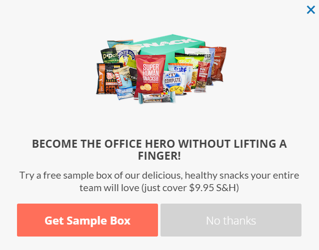 exemple de pop-up d'intention de sortie d'échantillon gratuit de snack nation