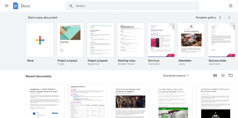 Capture d'écran de la page d'accueil de Google Docs