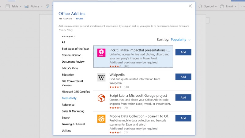 Capture d'écran du magasin de plug-ins des compléments Microsoft Office