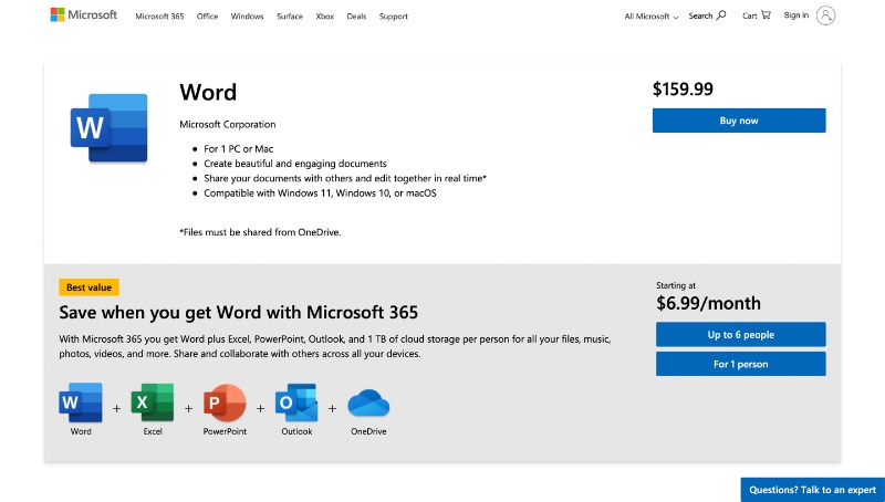 Capture d'écran de la page de tarification de Microsoft Word