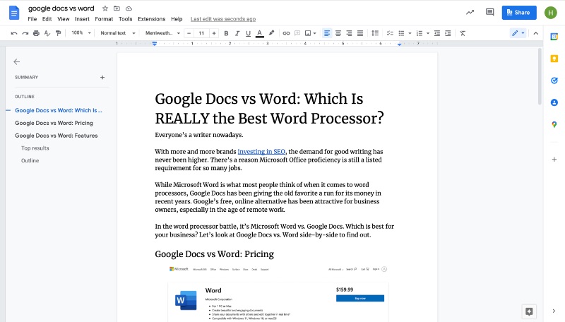 Capture d'écran de cet article en cours d'écriture dans Google Docs