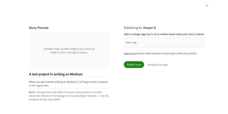 Pagina di pre-pubblicazione che richiede l'anteprima della storia e lo screenshot dei tag