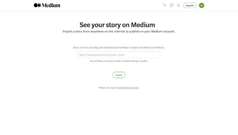 Schermata della pagina di importazione di scrittura media