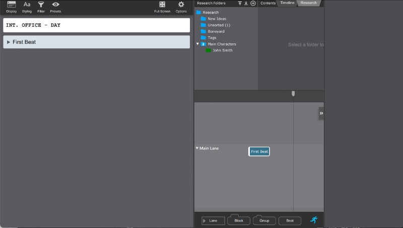 Screenshot del progetto vuoto del software di sceneggiatura senza causalità