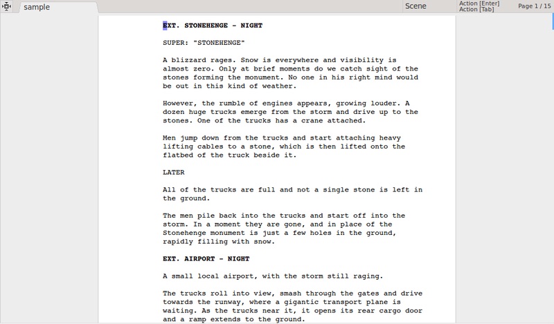 Modello di sceneggiatura di esempio nell'editor di Trelby