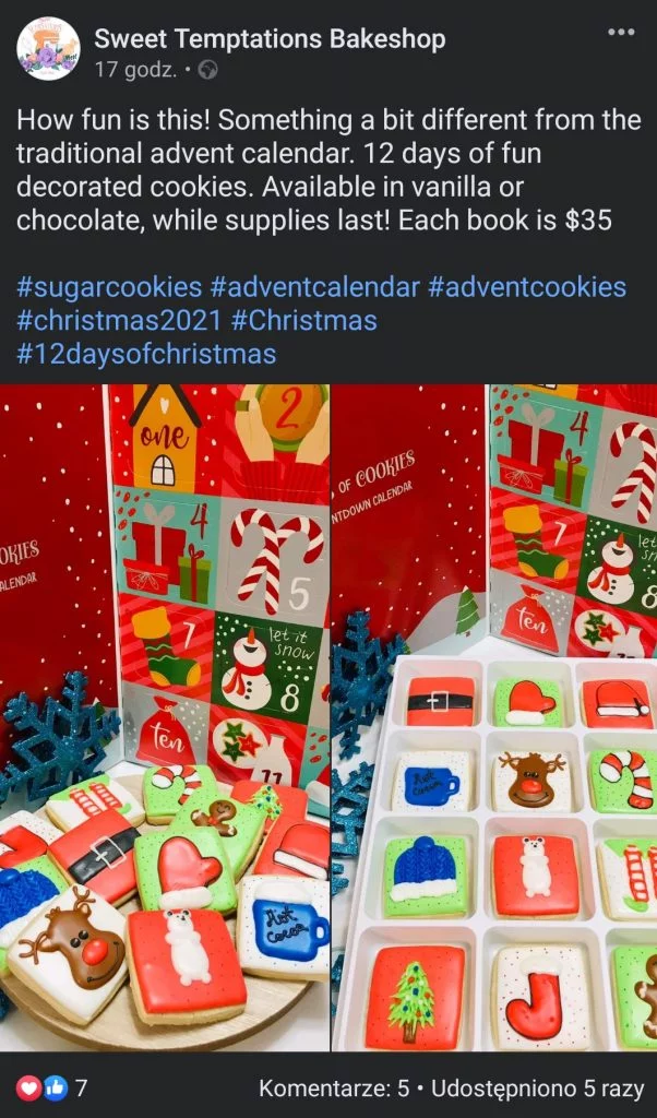 Sweet Temptations Bakeshop 的圣诞节 Facebook 帖子之一——带有手工饼干的节日日历
