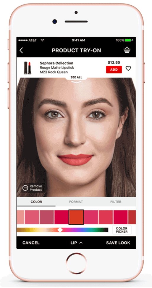 A imagem mostra uma captura de tela da ferramenta de Realidade Aumentada disponível no aplicativo móvel da marca de beleza Sephora
