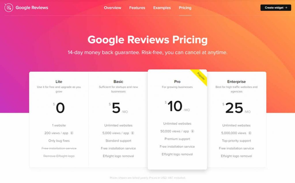 Elfsight Google 评论定价