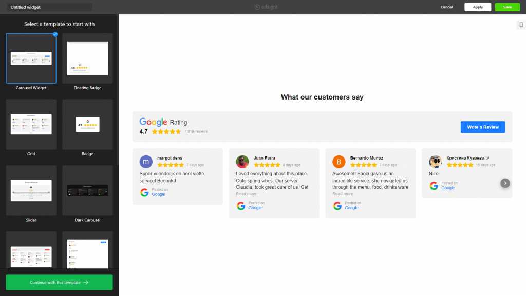 Elfsight Google 评论小部件编辑器