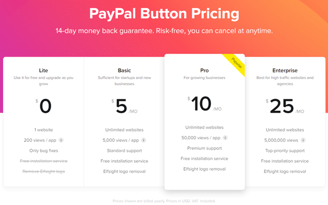 Elfsight-PayPal-按钮插件定价