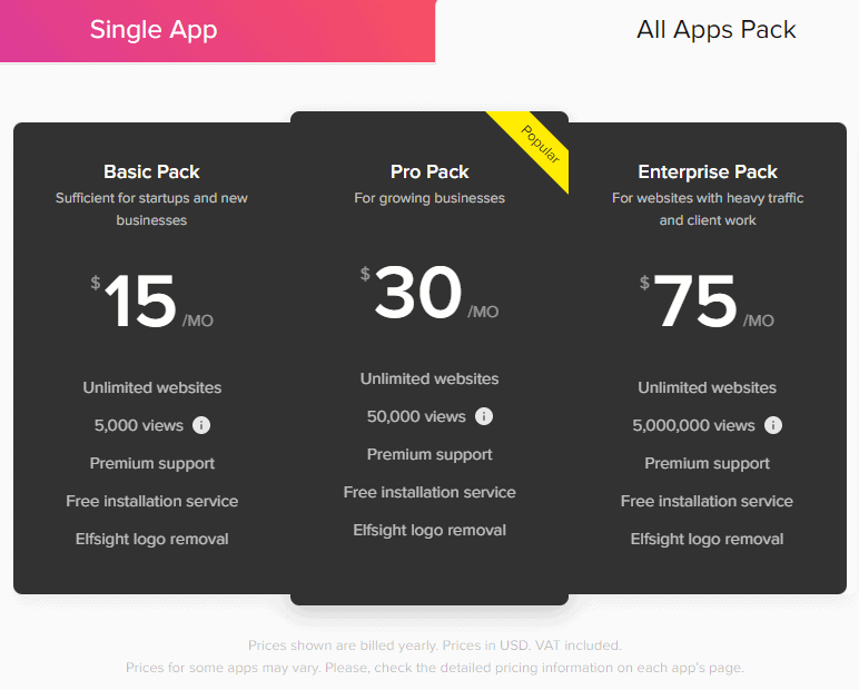 Elfsight 所有应用程序包定价
