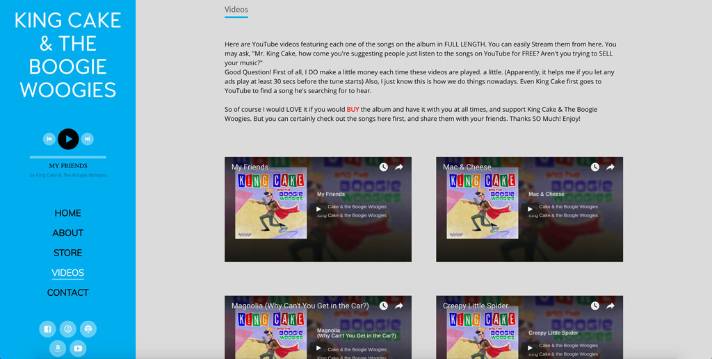 Pagina dei video del sito web di musica per bambini