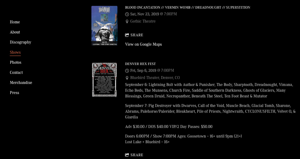 Come progettare un ottimo sito Web di band metal - Pagina Eventi - Dreadnought