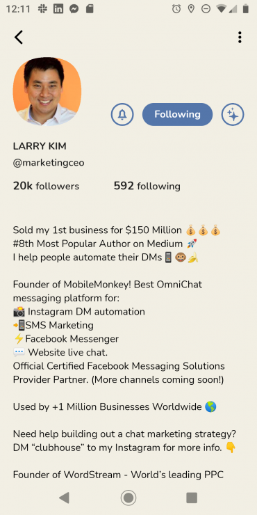 Larry Kims Profil auf Clubhouse für Android