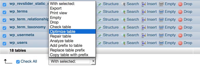 phpMyAdminを介してデータベースを最適化する