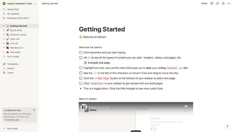 Notion-App-Screenshot mit geöffneter Erste-Schritte-Notiz