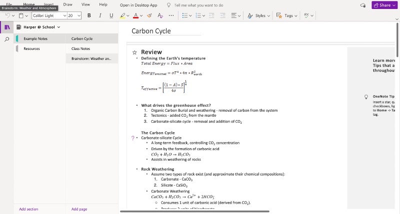 Screenshot der Microsoft OneNote-App mit Carbon Cycle-Notizvorlage