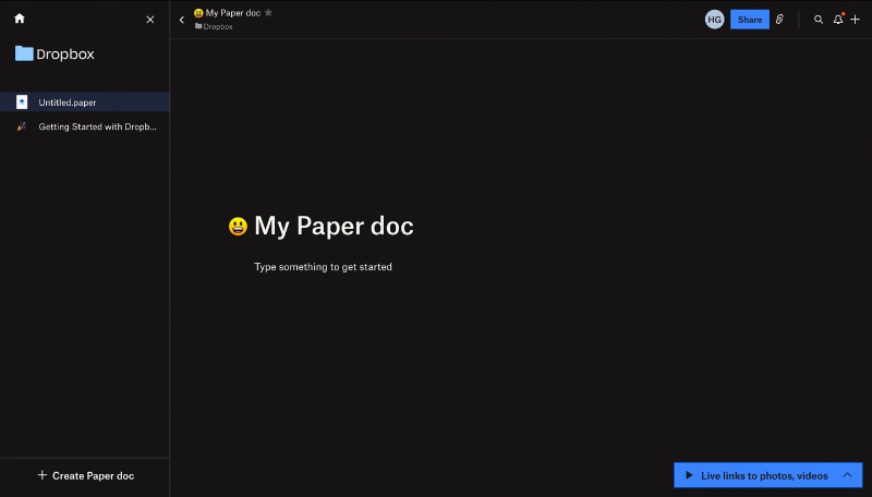 Screenshot von Dropbox Paper mit geöffnetem leerem Dokument