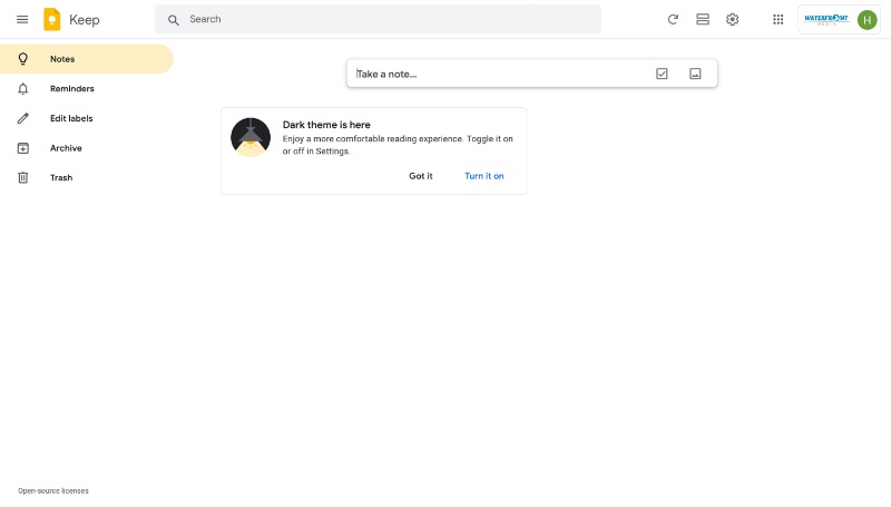 Screenshot des Google Keep Light-Modus-Dashboards