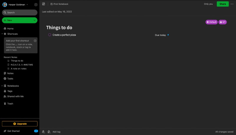 Screenshot von Evernote mit geöffneter Notiz einer Aufgabenliste