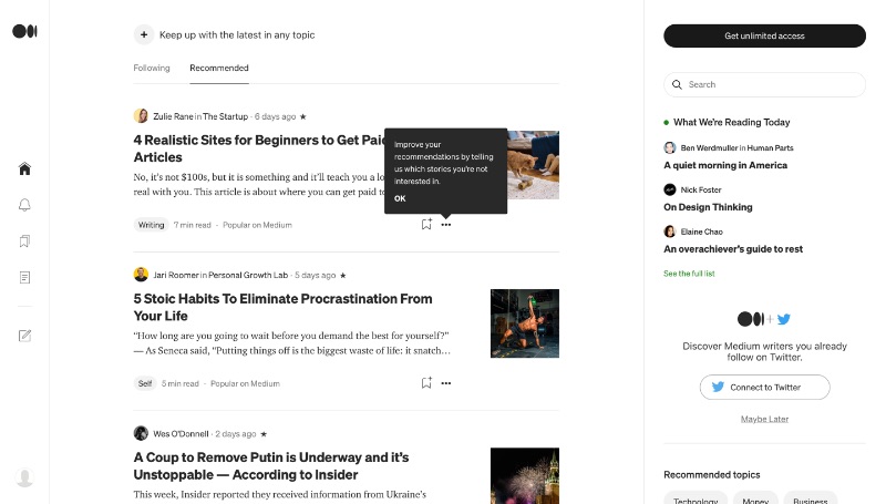 Captură de ecran a feedului de acasă mediu cu pop-up pentru recomandări de îmbunătățire