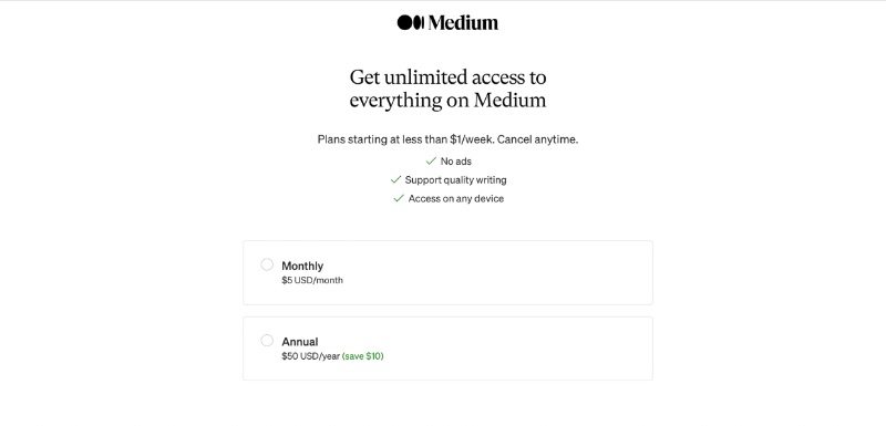 Apăsați pe Medium pentru a vă înscrie pentru un plan de plată cu acces nelimitat