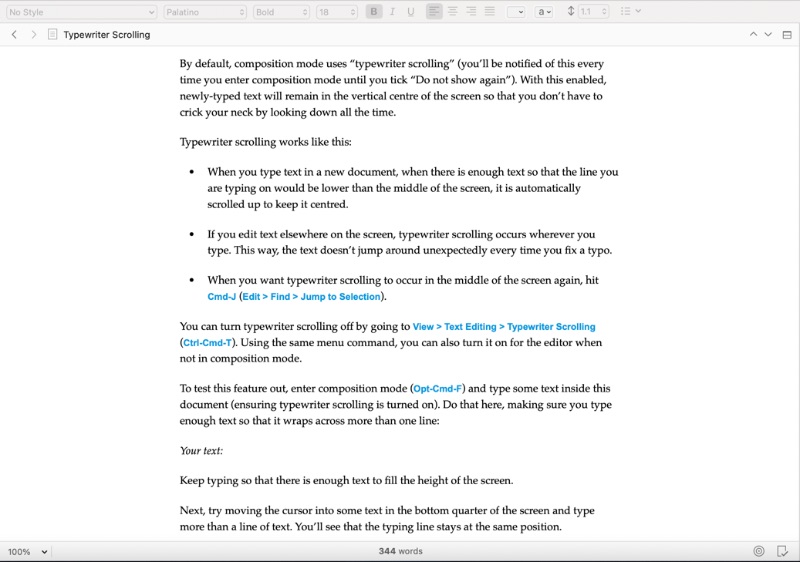 Editor teks Scrivener, diisi dengan teks dari halaman "Pengguliran Mesin Ketik" dari tutorial