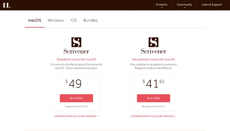 Tangkapan layar halaman harga dari situs web Scrivener dengan opsi harga untuk Mac OS
