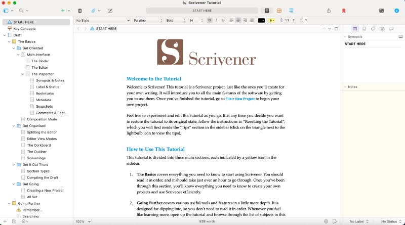 Tangkapan layar jendela editor Scrivener dengan dokumen tutorial terbuka
