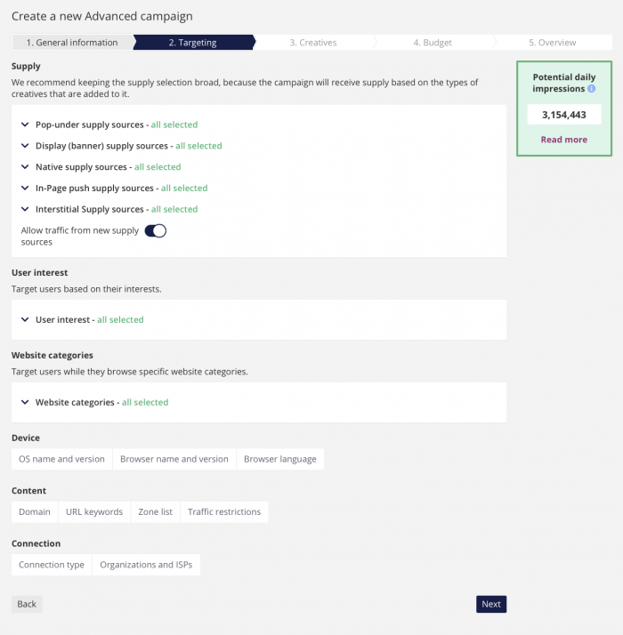 ciblage avec campagne avancée sur adcash