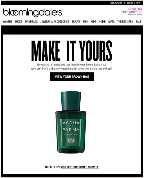 E-mail de carrinho abandonado pela Bloomingdale's