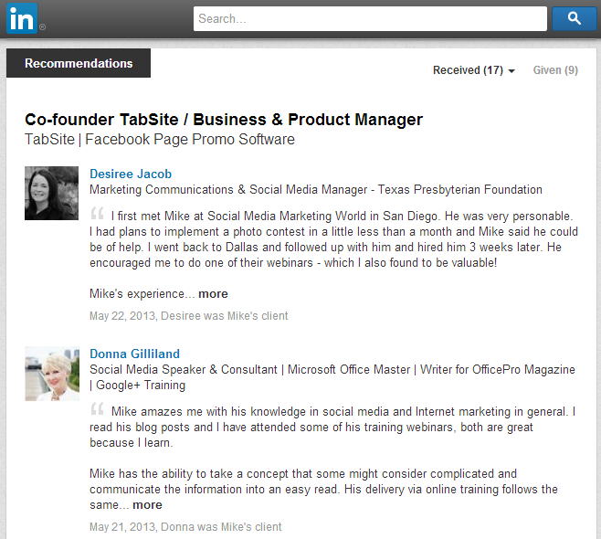 LinkedInの推奨事項