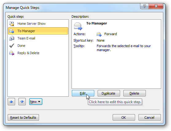 Editar pasos rápidos en Outlook